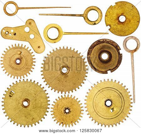 Collection of old clockwork parts isolated on white background