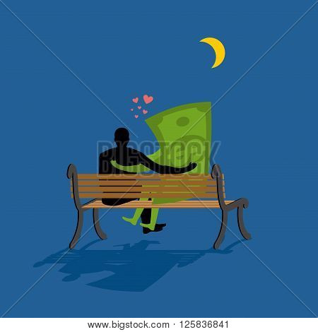 Cash Lovers Looking At Stars. Date Night. Man And Dollar Money Sitting On Bench. Moon And Stars In N