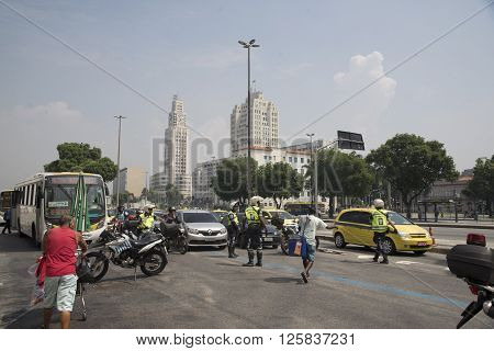 Rio de Janeiro Brasil - April 01 2016: Taxi drivers in Rio de Janeiro protesting against the UBER application closing the streets