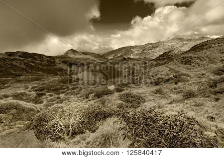 Top view of Kalapokhri lake Sikkim Himalayan mountain range Sikkim - It is one of beautiful remote placed lakes of Sikkim. Tinted image.