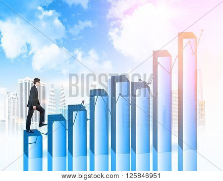 Financial growth concept with businesswan walking upwards on chart bars with buildings and sky in the background