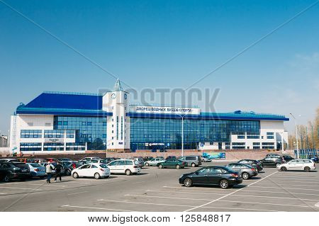 Gomel, Belarus - April 13, 2015: Building of Palace of Water Sports in Gomel, Belarus. Palace of Water Sports is primarily used for conducting training and competition for water sports. The first pool of Gomel with a 50-meter track.