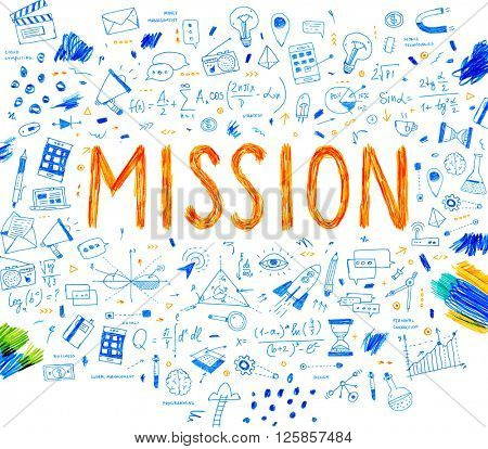 Hand Drawn Style Business Design. Pencil Sketch. Set of application development, web site coding, information and mobile technologies vector icons and elements. Mission concept.