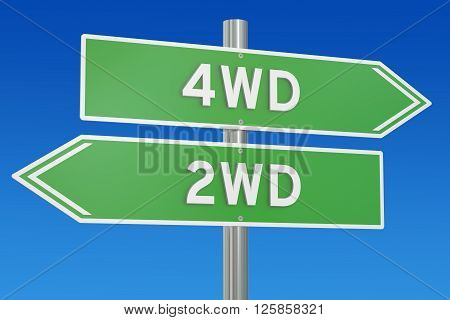 4WD vs 2WD concept 3D rendering on the signpost