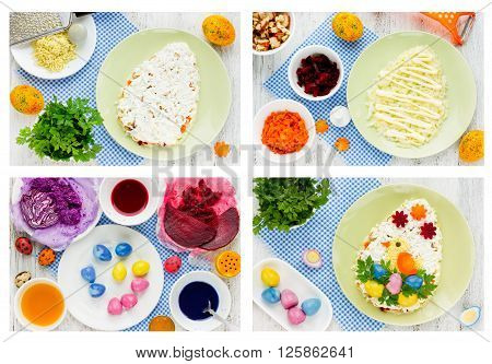 Recipe step by step collage for cooking original Easter snack salad egg-shaped decorated fun chick of egg yolk and natural dyeing colorful eggs