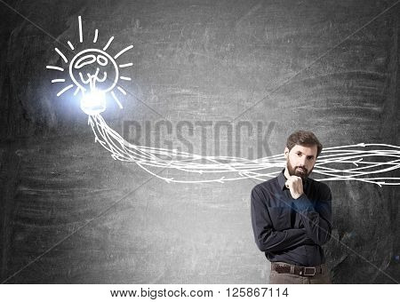 Idea concept with businessman and lightbulb wires sketch on concrete wall