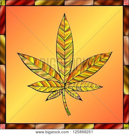 Stunning cannabis leaf in stained-glass style in a gold color scheme.
