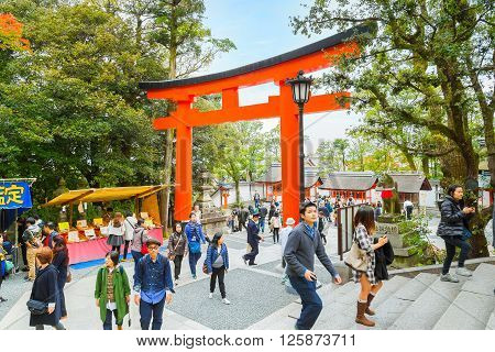KYOTO JAPAN - NOVEMBER 23 2015: Fushimi Inari-taisha is the most important of several thousands of shrines dedicated to Inari the Shinto god of rice.