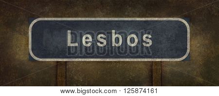 Distressed Lesbos road sign illustration with ominous background