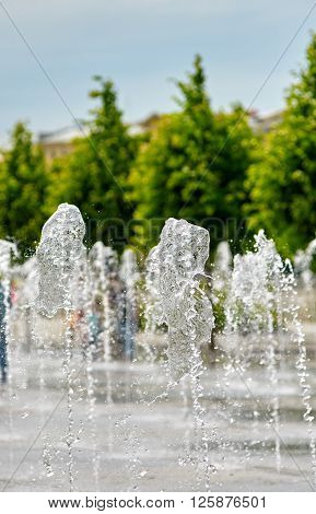 fountain about Pedestrian park Muzeon Arts. Moskow. Russia. focus is on first jet