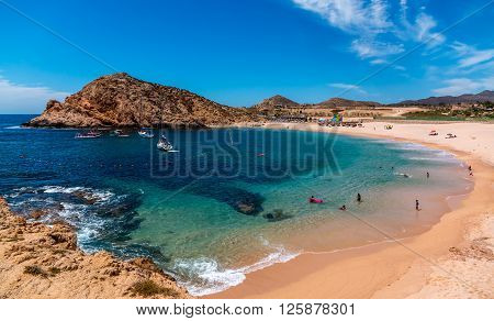 Beautiful Santa Maria beach by Cabo San Lucus has full life guarding and bathroom facilities. It is a sheltered beach that provides safe swimming and snorkeling areas.