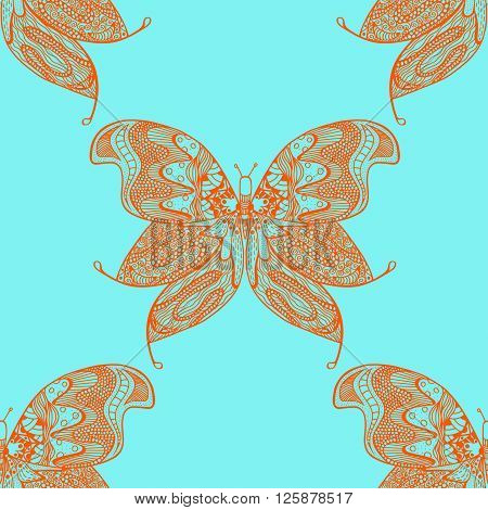 Zentangle stylized brown and blue Butterfly seamless pattern for textile fashion design. Fabric. Zentangle Art collection.