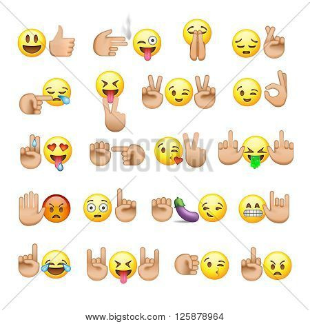 Set of smiley faces and hands icons and symbols, emoji, vector illustration.