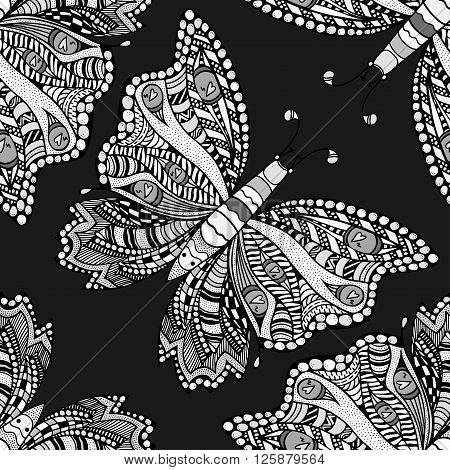 Zentangle stylized Butterfly seamless pattern for textile fashion design. Fabric. Zentangle Art collection.