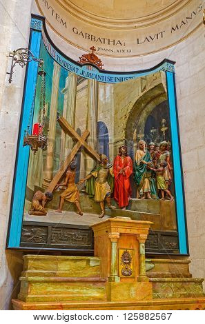 JERUSALEM ISRAEL - FEBRUARY 16 2016: The painted sculpture decoration in Church of Conviction showing the Christ's condemnation on Via Dolorosa on February 16 in Jerusalem.