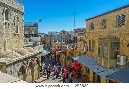 JERUSALEM ISRAEL - FEBRUARY 16 2016: The Austrian Hospice is the perfect viewpoint overlooking some area in Via Dolorosa street on February 16 in Jerusalem.