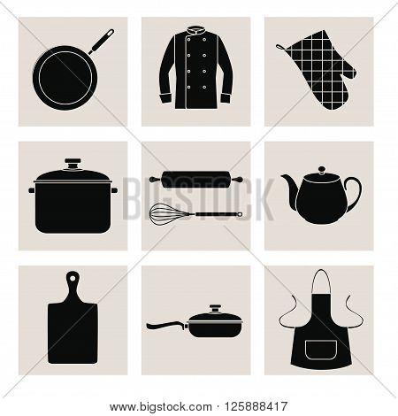 Collection of black silhouettes of kitchen devices and clothes. Set of black flat icons on pale gray squares. EPS 10.