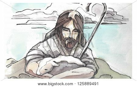 Hand drawn watercolor illustration or drawing of Jesus Christ Good Shepeherd hugging a sheep