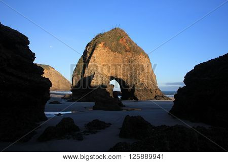 Rock formations at Wharariki Beach. Morning scene on the West Coast of the South Island. Unique landscape in New Zealand.