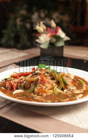 Food series : Stir-Fry Rice Noodles with fried fish and black bean sauce