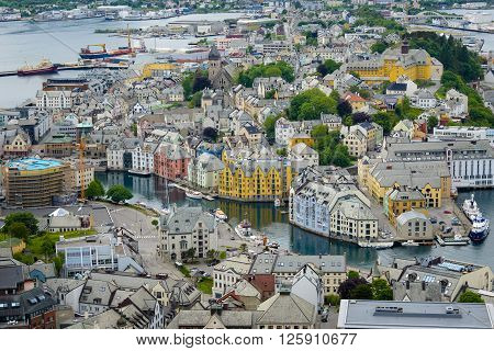 Alesund, Norway - June 5, 2014: The city of Alesund with Art Nouveau houses in Norway, seen from Aksla mountain viewpoint