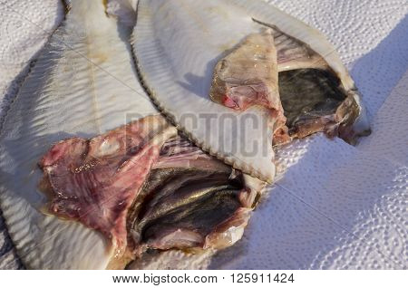 Two flatfish ready to fry on white background.