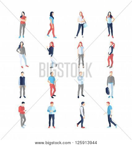 People, male, female, in different casual common poses - modern vector flat design isolated icons set. Standing walking watching smartphone arms across akimbo with a bag