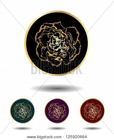 Vector Icon Logo Set 3 In 1 With Vintage Gold Ancient Clove Flower Sign On Black, Green, Violet And