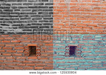 Brick wall placed on a vertical stick with a plaster waiting to shetland.