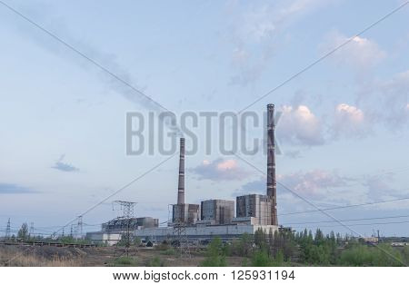 Thermal power stations and power lines on a clear day