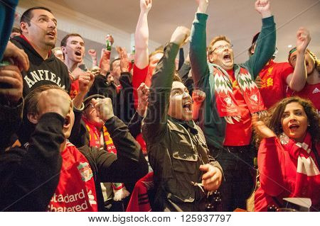LIVERPOOL, UK - MAY 11th 2014: Liverpool Football Club supporters outside Anfield for the final title race match of the season against Newcastle