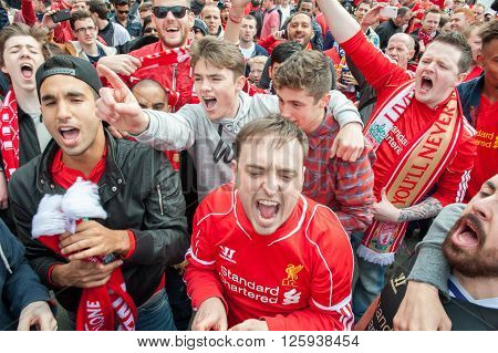 LIVERPOOL, UK - MAY 11th 2014: Liverpool Football Club supporters outside Anfield for the final title race match of the season against Newcastle
