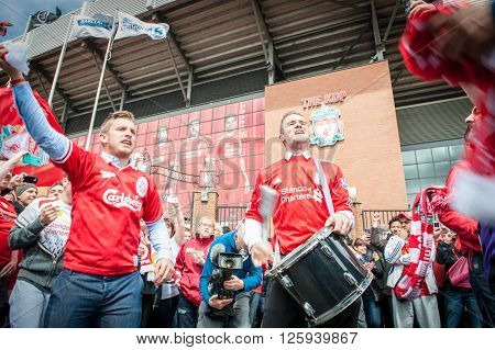 LIVERPOOL, UK - MAY 11th 2014: Liverpool Football Club supporters outside Anfield for the final title race match of the season against Newcastle