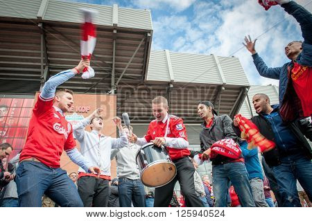 LIVERPOOL, UK - MAY 11th 2014: Liverpool Football Club supporters outside Anfield for the final title race match of the season against Newcastle