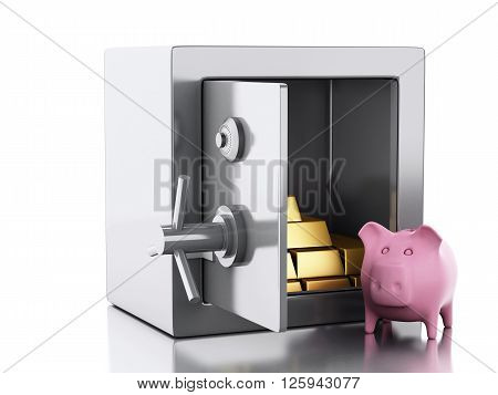 3d illustration. safe box with gold and pig money box. Security concept. Isolated white background.
