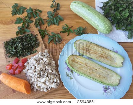 Squash oyster mushrooms goutweed puff with carrot, cooking with wild plants, with greenary