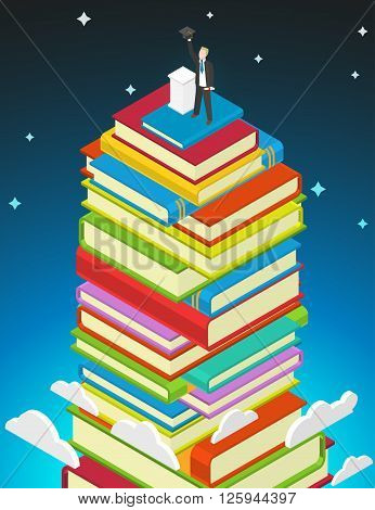 Success Education concept. Books stack and student with graduate cap and diploma on top. Steps to knowledge in university and college classes. Isometric vector illustration.
