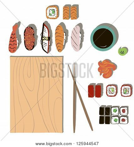 Colorful cartoon set of sushi and rolls