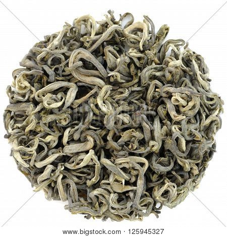 Fresh leaf green tea isolated overhead view