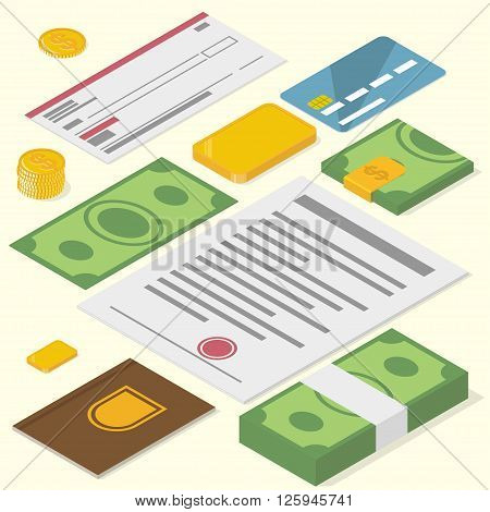 Financial objects. Precious things. Isometric vector illustration