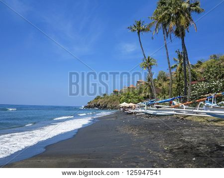 Tropical Beach With Fishing Boats And Palm Trees In Baki