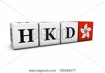 Currency rates exchange market and financial stock concept with HKD Hong Kong dollar code and flag on cubes isolated on white 3D illustration.