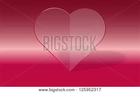 Transparent heart with glass fill and red frame on pink gradient background with dropped shadow