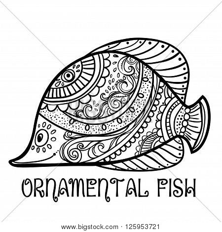 Greeting Beautiful card with fish. Frame of animal made in vector. Ethno Style. Fish Illustration for design, pattern, textiles. Hand drawn map with sia