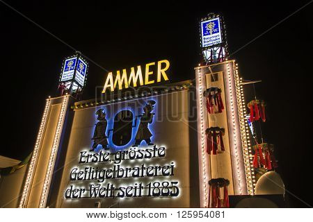 MUNICH, GERMANY - SEPTEMBER 18: Nightshot of the Ammer Gefluegelbraterei building on Theresienwiese one day prior the opening ceremony of Oktoberfest