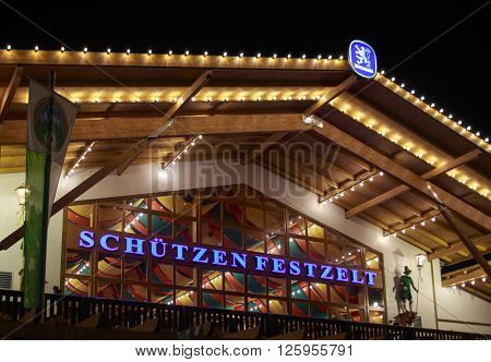 MUNICH, GERMANY - SEPTEMBER 18, 2015: Nightshot of the Schuetzenfestzelt on Theresienwiese during Oktoberfest