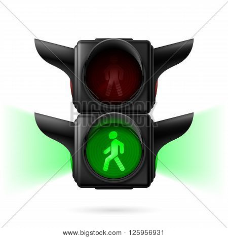 Realistic pedestrian traffic lights with green light on and sidelight. Illustration on white background