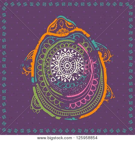Greeting Beautiful card with turtle. Frame of animal made in vector. Etno Style. Turtle Illustration for design, pattern, textiles. Hand drawn map with turtle