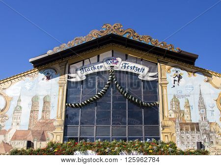 MUNICH, GERMANY - OCTOBER 02: Facade of the Hacker Festzelt (Himmel der Bayern) on Theresienwiese during Oktoberfest