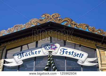 MUNICH, GERMANY - OCTOBER 02, 2015: Facade of the Hacker Festzelt (Himmel der Bayern) at Oktoberfest